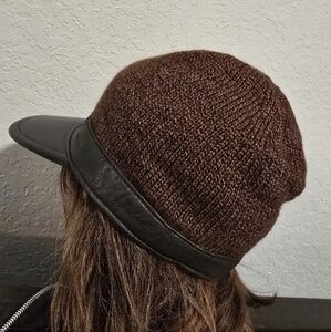 Brown Knit Cap with Leather Brim